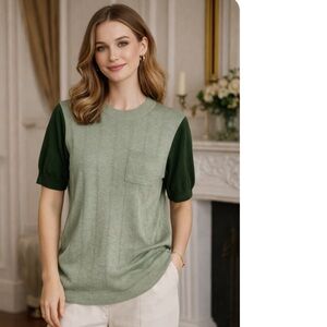 Lee Mathews Green Contrast Tencel Short Sleeve Top Size M